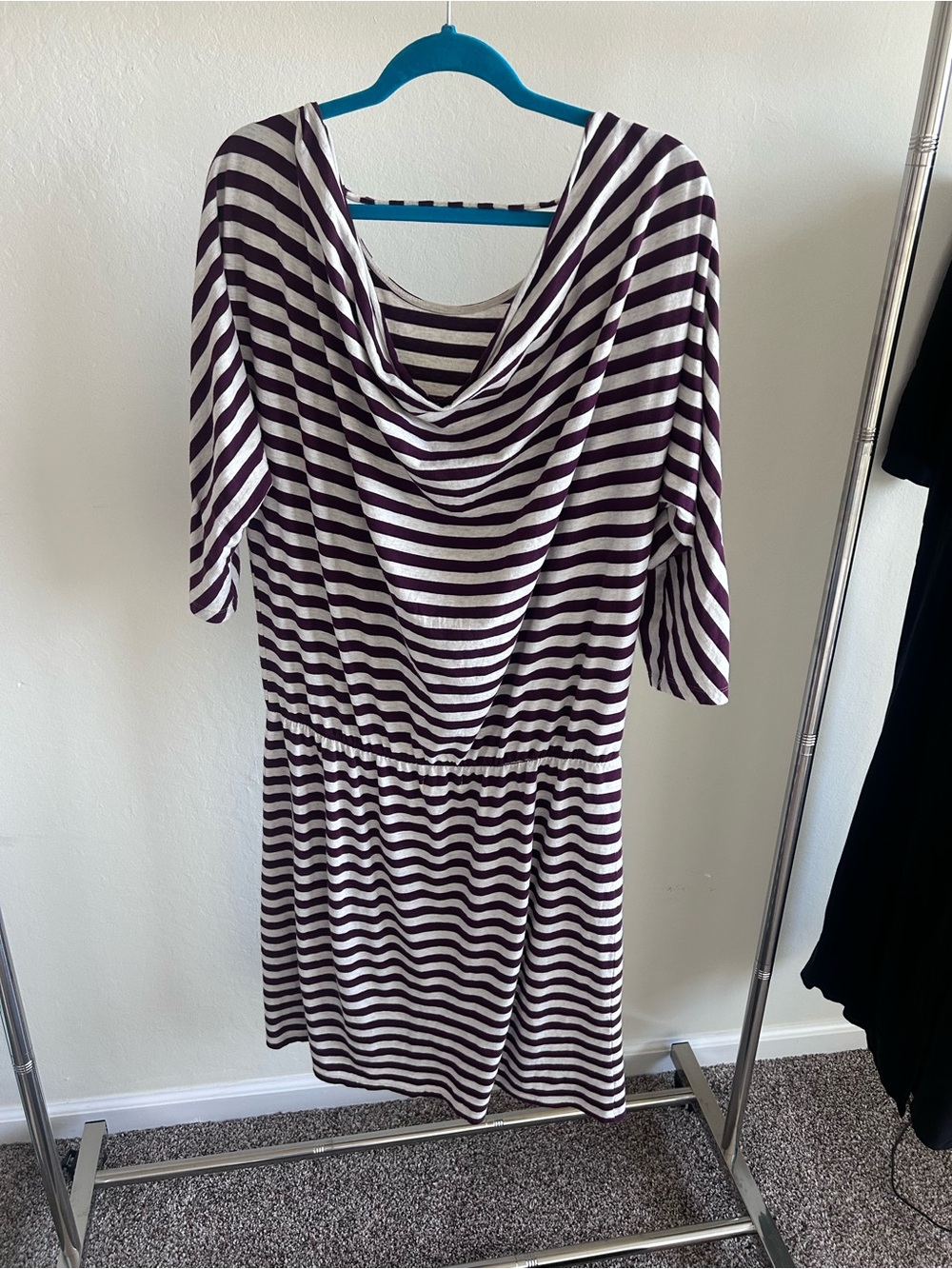 Synergy Organic Clothing Purple and White Striped Drape-Neck Dress